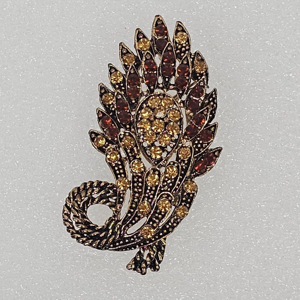 Vintage Yellow Brown Crystal Rhinestone Floral Big Brooch Pin Pendant‎ Gold Tone